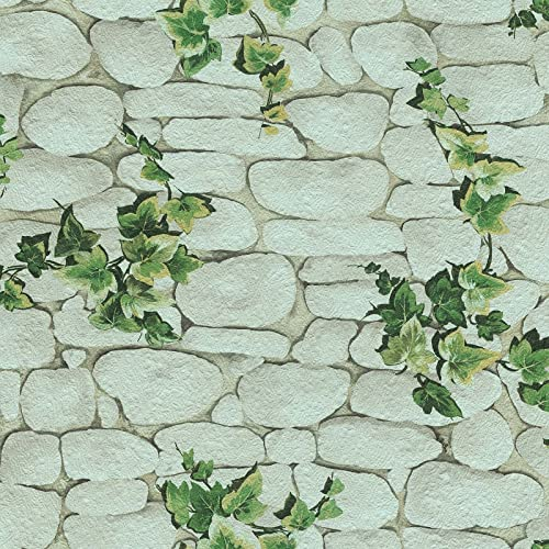 BRICOFLOR Steine Tapete | Papier Steintapete mit Efeu | Naturstein Tapete mit Efeuranken ideal für Flur und Wohnzimmer | Steinmauer Papiertapete in Weiß Grün mit Pflanzen