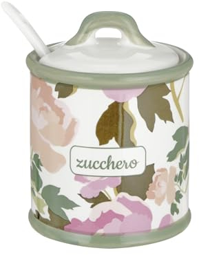 Baroni Home Sucrier en Céramique Décoré avec Petite Cuillère, Pot de Rangement de Cuisine avec Couvercle Hermétique pour Sauver l’Arôme, Sucrier Style Classique, Ligne Rose, 8x8x10 cm