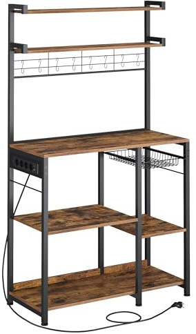 VASAGLE Estantería de Cocina con Enchufes, Estantería de Panadería, Barra de Café, 8 Ganchos en S, Cesta, Especiero, 40 x 90 x 165,5 cm, Marrón Rústico y Negro Tinta KKS031K11