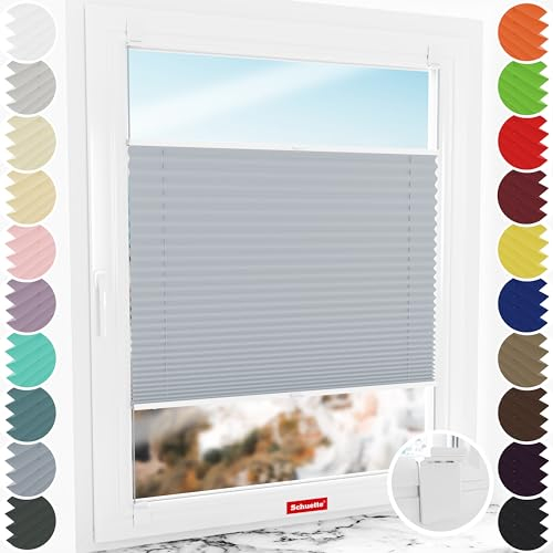 Schuette® Plissee ohne Bohren zum Kleben ● Premium Kollektion: Silver Sonata (Grau) ● 35x100cm (Breite x Höhe) ● Suprafix Faltrollo Klebehalterung ● Bequeme Rollo Montage inkl. Video