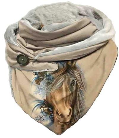 Hiseng Damen Schals Groß Dreieck Winter Dreieckstuch Tier Drucken Warmer Button Knopf Winterschal Herbstschal Lieblingsschal Scarf Soft Wrap Lange Stola (Pferd)
