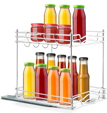 QWORK® 2-Lagiges Schrankauszug, Platzsparendes Schrank Gewürzregal Schublade mit 3 Haken zum Aufhängen – 28 x 23 x 26 cm