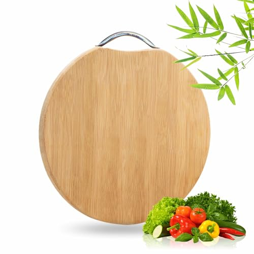 Wooden Chopping Board Round Cutting Board Organic Chopping Tray with Easy Grip Metal Handle Meat Vegetable Bread Fruit Cheese Wooden Cutting Platter Kitchen Tools Gadgets 28x28Cm (1Pc)