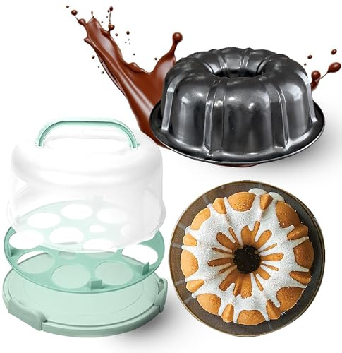 CREACAKE Pro Gugelhupfform plus Kuchenträger, 12 Tassen, 22,9 cm antihaftbeschichtet, hochwertige geriffelte Pfannen zum Backen, Karbonstahl-Backform, tragbar, passend für 25,4 cm große Kuchen, graue