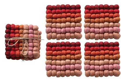 Creative Co-Op Handmade Wool Felt Ball Coasters, Red, Pink and Blush, Set of 4