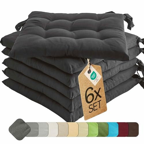 etérea Coussin de Chaise 40x40 cm Anthracite – Galette avec Liens, Mousse Indéformable, Intérieur & Extérieur, Lot de 6 pour Chaise de Jardin, Salle à Manger & Banc
