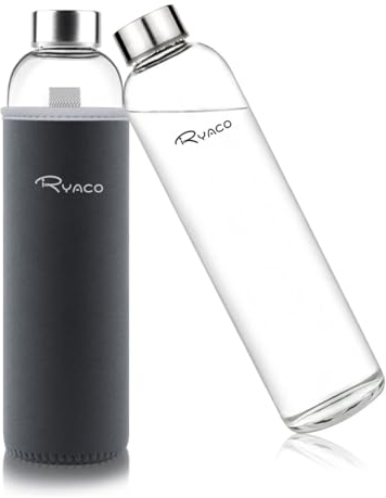 Ryaco Bottiglia d'Acqua 750 ml/25oz, Borraccia Vetro Portatile con Guaina per Bevande Calde e Fredde, Senza BPA, Borraccia in Vetro con Pennello in Spugna, Lavabile in Lavastoviglie