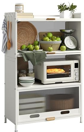 NETEL Estantería de cocina de 4 niveles de acero inoxidable, con ruedas y patas, armario de microondas, estante de panadería, estante de almacenamiento para cocina, sala de estar, con puertas visibles