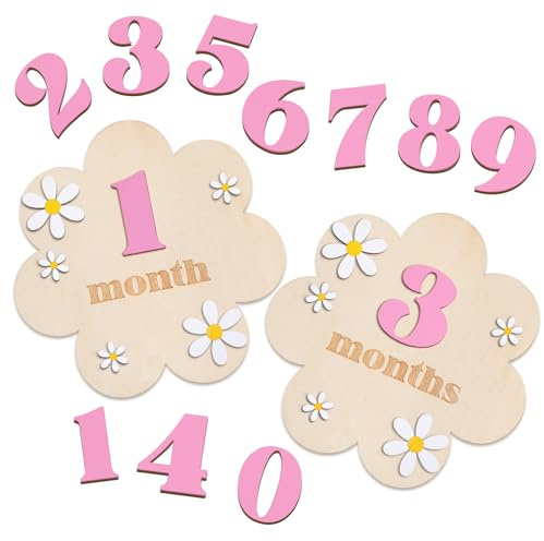 Burbell 3D trä tusensköna baby månatliga milstolpe-kort 1-12 månader utbytbara babymånadersskyltar månadsvis milstolpe skivor baby tillkännagivande skylt för baby shower nyfödd foto rekvisita gåvor