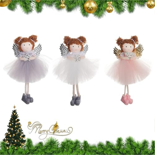 Lot de 3 pendentifs de poupée en forme d'ange de Noël - En peluche - Décoration suspendue - Pour sapin de Noël - Multicolore