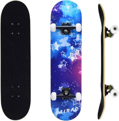 ERNAN Komplett skateboard för nybörjare, 81 x 20 cm dubbel sparkskateboard för barn, tonåringar och vuxna. med Skate T-verktyg. (blå-vit stjärna)