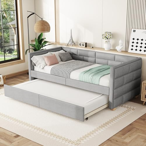 Ymkua Polsterbett Einzelbett Sofabett 90x200 cm, Kinderbett Schlafsofa Tagesbett mit Ausziehbares Rollbett, Jugendbett Bett mit Lattenrost, Gästebett Wohnzimmer Schlafzimmer,Grau, Linen, Ohne Matratze