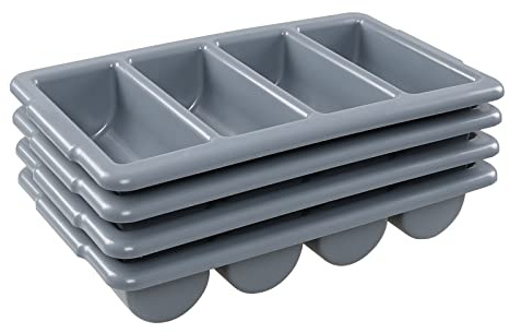 Cinkyou Pack of 4 4-Compartment Restaurant Silverware Organizer Bins, Plastic Commercial Cutlery Holder, Gray