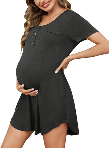 Uniexcosm Camicia Notte Premaman Cotone Camicia da Notte Premaman con Mezza abbottonatura Parto Grigio Scuro L