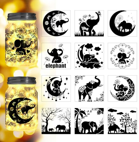 Peacoblue Elephant and Dandelion Silhouette Cutouts for Jars, Glass, Wishing Bottle Decor(No Stickers), 12Pcs Reusable Silhouette Lantern DIY Craft Kit Jar Decals Art Mural Garden Home
