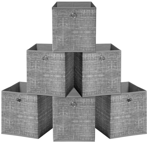 HEFTMAN Foldable Storage Cube Boxes - Set of 6 Grey Fabric Storage Boxes with Grommet Handle, Space Saving Fabric Cube Storage Boxes for Clothes, Toys, Books Organisation (33 x 33 x 33 cm - Grey)