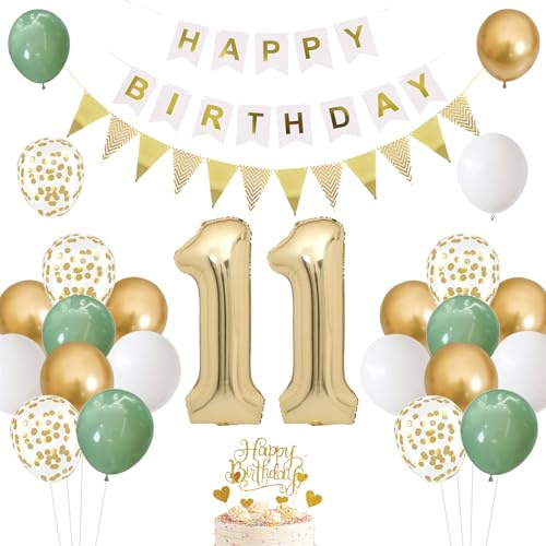 Ballonger 11-årsdag beige, födelsedagsdekoration 11 år för pojkar flickor, grön guldballong 11 födelsedag, 11 ballonger födelsedag tårtdekoration för baby dusch födelsedagsfest dekoration