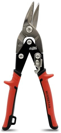 HOUSERAN 10 Inch Aviation Snips, Left Cut Offset Tin Snip, Heavy Duty CR-MO Tin Cutters with Double Lever, Scale Markings & Safety Lock, Sheet Metal Snips, Shears Scissors for Cutting Metal Sheet