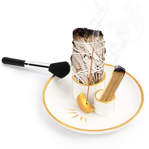 TNOMSNO 4 in 1 Moon Design Räucherstäbchenhalter Keramik Räucherschale, Salbeihalter Palo Santo Halter mit Ascheauffangplatte für Jedes Räucherwerk Weißer Salbeihalter Räucherteller Yoga