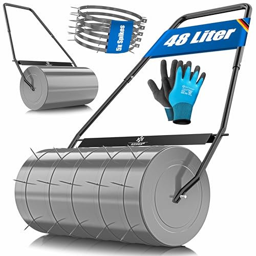KESSER® Rodillo de césped, 60 cm, 48 L, volumen de llenado de metal, con repelentes de suciedad y guantes, rodillo de mano, rodillo de césped, rodillo de jardín, relleno con agua/arena, 60 kg,