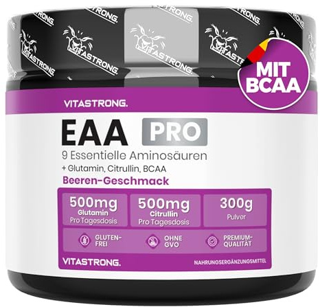 EAA Pulver 300g, Aminosäuren Essenziell EAA PRO Vitastrong, 9 Essentielle Aminosäuren Pulver 300g, BCAA, Glutamin, L-Citrullin, L-Tyrosin, L-Lysin, L-Tryptophan, Methionin, Waldfruchtaroma