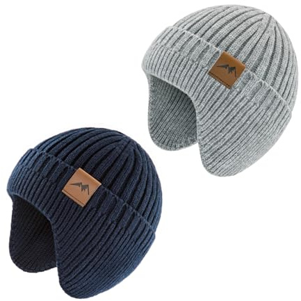 SEYUFN Bonnet Enfant Garcon Hiver Bonnet Bebe Fille Dinosaure Tricot Chapeau Bebe Garcon Large Protection des Oreilles (FR/ES, Âge, 6 Mois, 24 Mois, A-Bleu Marine&Gris)