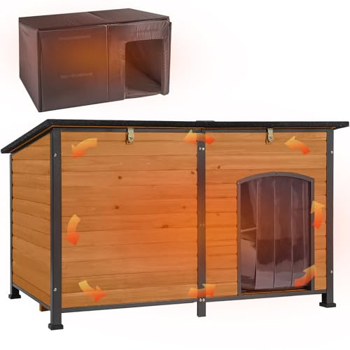 Aivituvin Außen Hundehaus mit isolierter Futterung, wasserdichter extra groß Hundekennel für den Winter, geeignet für kleine, mittlere und große Hunde, mit Stahlrahmen (Braun)