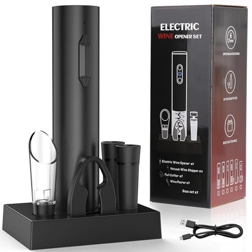 6 en 1 Sacacorchos Eléctrico Recargable, Abridor De Vino Electrico Saca Rolhas Regalos Para Hombre Mujere Abrebotellas Con Vertedor Aireador, 2 Tapón De Vino Al Vacío, Cortador Láminas y Cable Usb