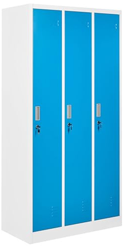 Beliani Casier Triple en Métal Armoire Vestiaire Gymnase Salle de Sport École 3 Portes Blanc et Bleu Athlete