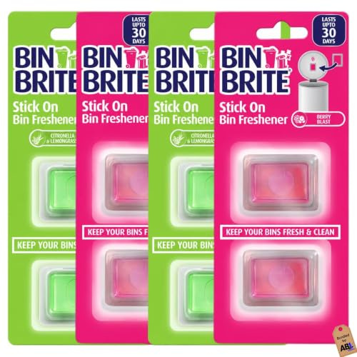 Bin Fresheners 8 Pack – Stick-On Odour Neutraliser for Kitchen, Bathroom & Household Bins – Long Lasting 30 Days Each – Mixed Scents Berry Blast & Citronella Lemongrass – Easy Stick Deodoriser Pads
