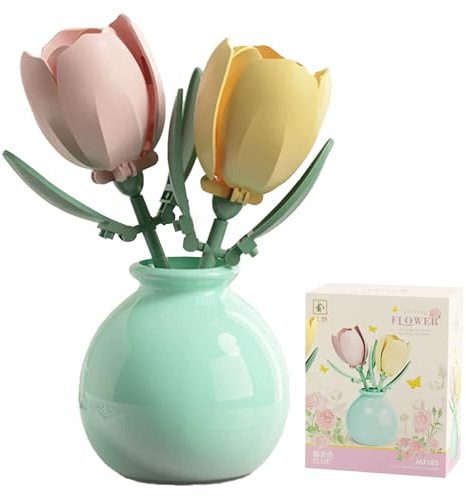 Blocs de Construction Fleurs Artificielles Blocs de Fleurs Tulipe Kit de Construction de Bouquet de Fleur Bloc de Construction DIY pour Adulte Convient pour Décoration des Chambres des tables à manger