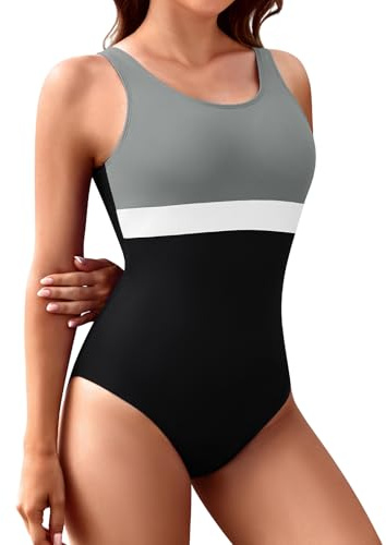 FemiChic Maillot de Bain 1 Piece Femme Maillot de Natation Sportif Ultra Élastique avec Soutien Gorge Amovible Dos en U Décolleté & Motif Tricolore Résistance au Chlore(Gris,XXL)