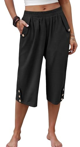 ANRABESS Womens Wide Leg Capri Pants Elastic Waist Casual Loose Lounge Trousers 2026 Summer Flowy Beach Vacation Clothes Black Medium