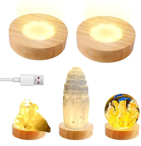 Base de luz LED de madera luolety, paquete de 2 bases de soporte de luz redondas de madera para arte de piedra aromática de vidrio y cristal 3D con 3 modos de luz Blanco Cálido Neutro, botón táctil
