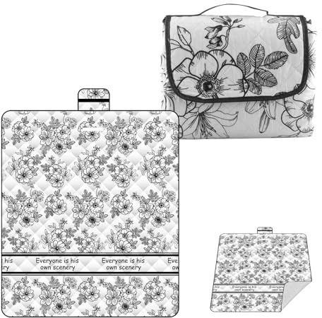 quiodok Couverture de pique-nique pliable avec poignée de transport, motif floral noir et blanc, imperméable, durable, portable, couverture d'extérieur isolée, rembourrée pour la plage, le parc, la
