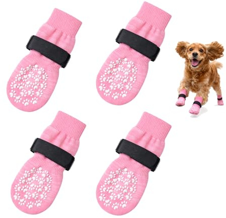 CAYLEKI Pink 4 Pairs Anti-Slip Dog Socks with Adjustable Grips for Indoor Hardwood Floors, Breathable Paw Protectors to Help Stop Licking, Designed for Senior Small & Medium Dogs