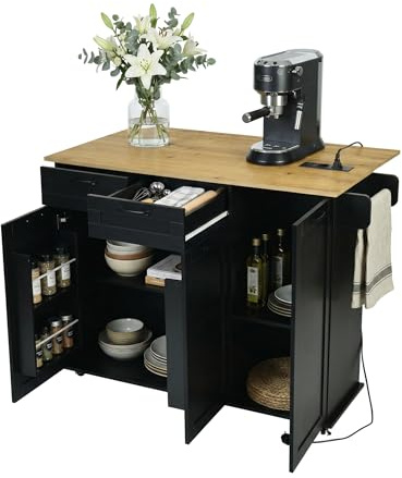 Ginhow Isola da Cucina con Presa e Piano di Lavoro Pieghevole Mobile da Cucina con Ruote Credenza da Cucina Salvaspazio con 2 Cassetti e 2 Ante Nero/Rovere 120 x 74 x 94,5 cm