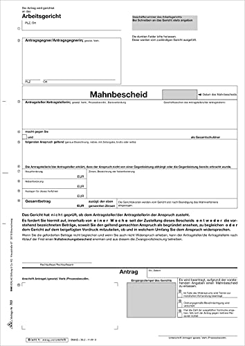 RNKVERLAG 703/10 - Anträge Mahn- und Vollstreckungsbescheid Arbeitsgericht - SD, 1 x 5 Blatt, DIN A4, 10 Stück
