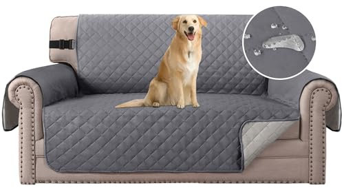 H.Versailtex Sofa Covers Water Resistant Grey, Sofa Slipcovers 2 Seater, Non Slip Cover for Kids/Dogs/Pets, Washable Sofa Protector with Elastic Strap (Grey/Beige)