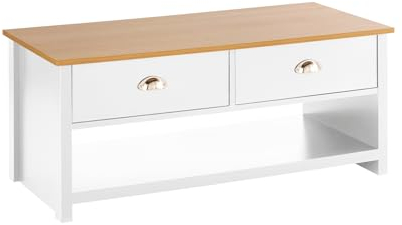 Home Source 2 Drawer Coffee Occasional Table, Oak Effect Top, White, 100cm