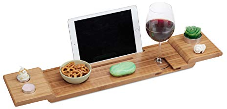 relaxdays Pont de Baignoire Bambou, 70cm Large, Tablette de Salle de Bain Verre, Portable, Plateau à Suspendre, Nature