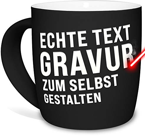 Tasse mit Gravur selbst gestalten - mit eigenem Spruch oder Wunschname gravieren - Keramiktasse außen gummiert - Schwarz, 300 ml