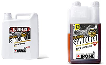 Ipone 800092 Huile Moteur Moto 2 Temps Samouraï Racing - Bidon 4 1 Litre Offert & 800090 Huile Moteur Moto 2T Samouraï Racing Option Fraise-100% Synthétique avec Esters-Bidon-Doseur 1 Litre, 1L