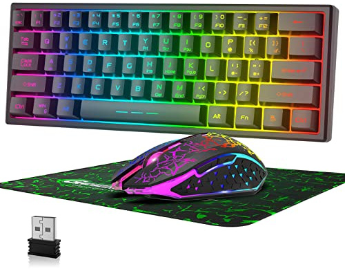 60% trådlöst speltangentbord och -mus kombinationsset, 2,4 GHz uppladdningsbart 3800mAh Tyst 61 tangenter speltangentbord med regnbåge LED-bakgrundsbelyst + 2400DPI 6-knappar Rainbow LED mus (Svart)