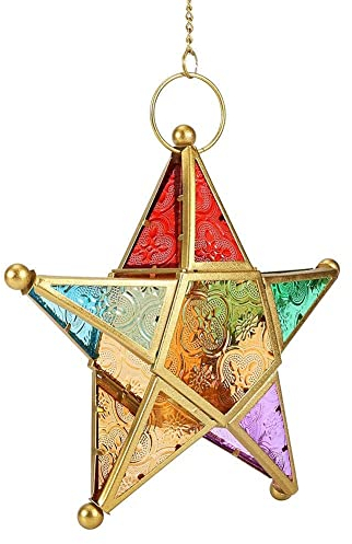 Romadedi Orientalische Laterne aus Metall und Glas Draußen Hängende Sternlaterne Eisen Teelichthalter Bunte Glaslaterne Kerzenhalter Orientalische Laterne Metall Glas Hochzeit Geburtstagsfeier