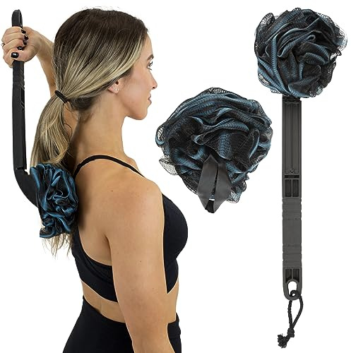 Vive Long Handled Loofah on a Stick - Mesh Back Sponge for Bath, Reusable w/Extra Pouf - Exfoliating Scrubber for Elderly & Disabled, Soft Loofa for Bathing Men & Women