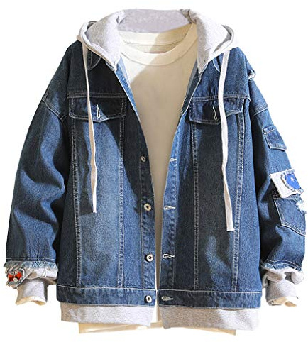 OBiQuzz jeansjacka herr vintage jeansjacka för män med huva smal passform långärmad fritid huvtröja tvätta jeans jackor huvrockar kostymer unisex jeans pullover toppar innerjacka, Mörkblå, L