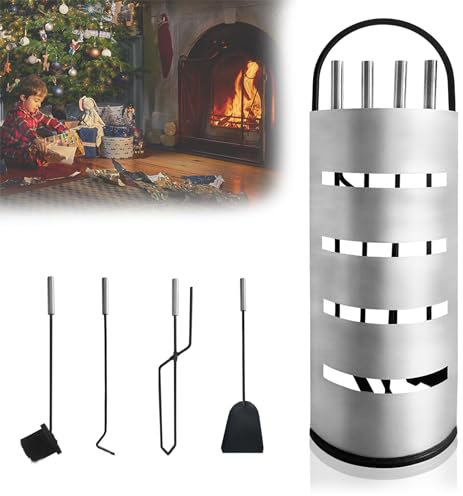 CEEDIR Serviteur de cheminée en acier inoxydable 5 pièces avec brise-vue, balai, pince, tisonnier, pelle à cendres, accessoire de cheminée moderne, argenté