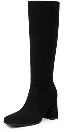 Modatope Black Suede Knee High Boots Women Chunky Heel Square Toe Tall Boots for Women High Heel Side Zipper Womens Heeled Tall Boots Size 7.5