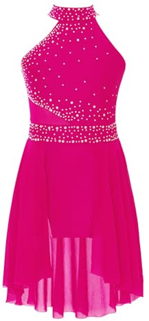 Freebily Abito da Pattinaggio Artistico Bambina Vestito da Balletto Rosa Caldo 5-6 Anni